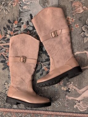 Kids Taupe Knee-High Suede & Leather Buckle Boots - Size 1